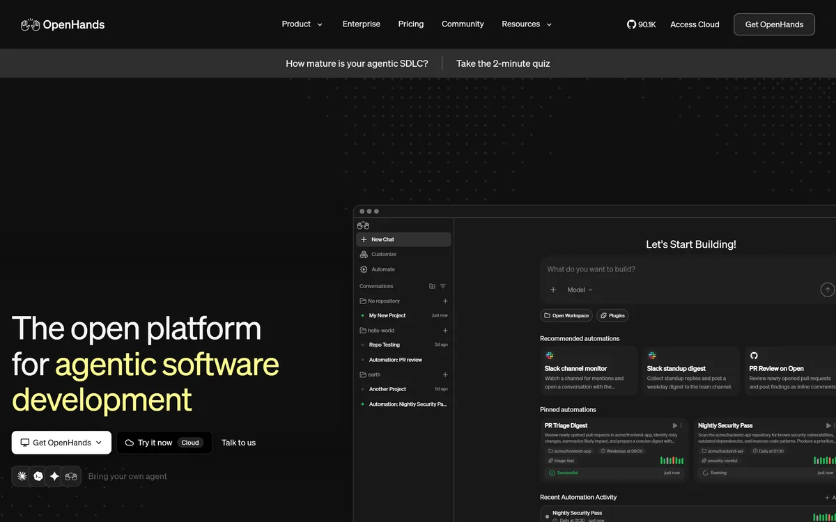 The OpenHands homepage describing an open platform for agentic software development