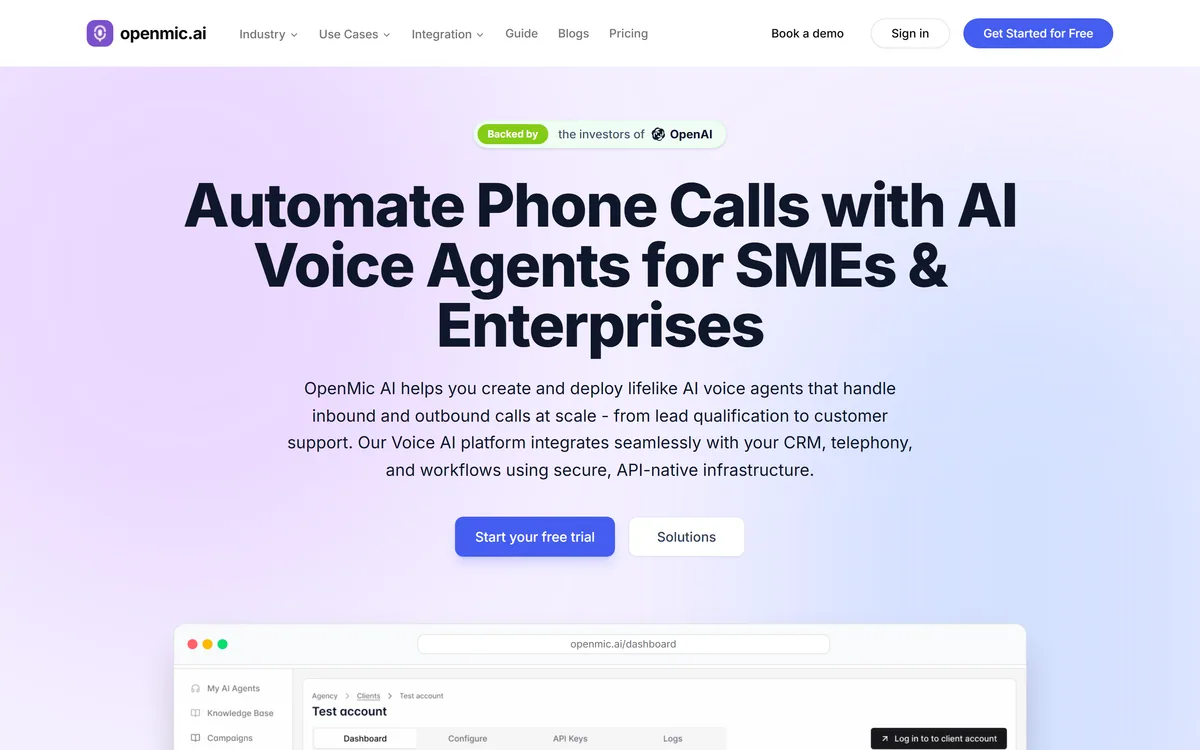 OpenMic.ai homepage showing the AI voice agent platform for phone calls