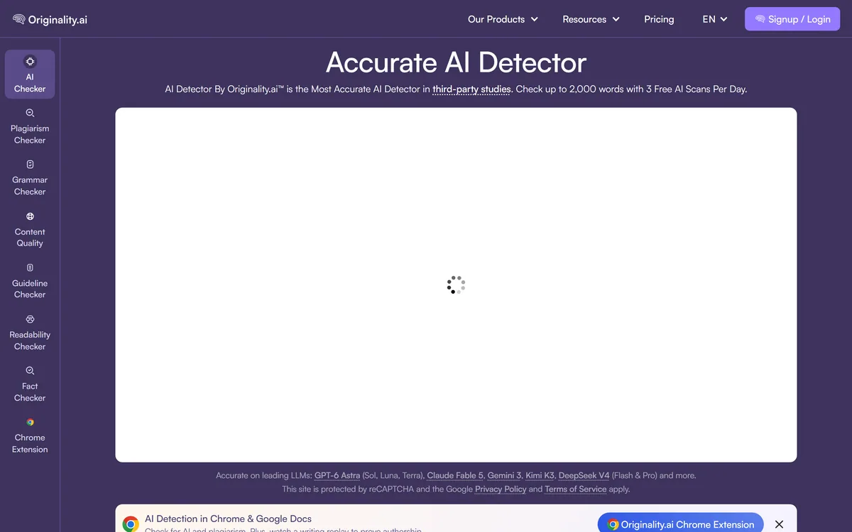Originality.ai's homepage describing AI content detection and plagiarism checking