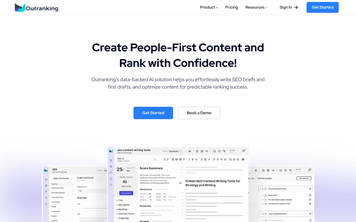 The Outranking homepage describing AI SEO content writing and optimization