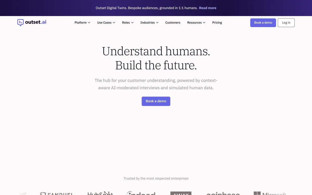 Outset homepage describing AI-moderated research interviews and simulated participant data