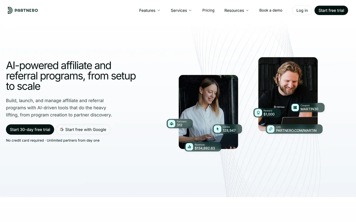 Partnero homepage showing the affiliate and referral platform