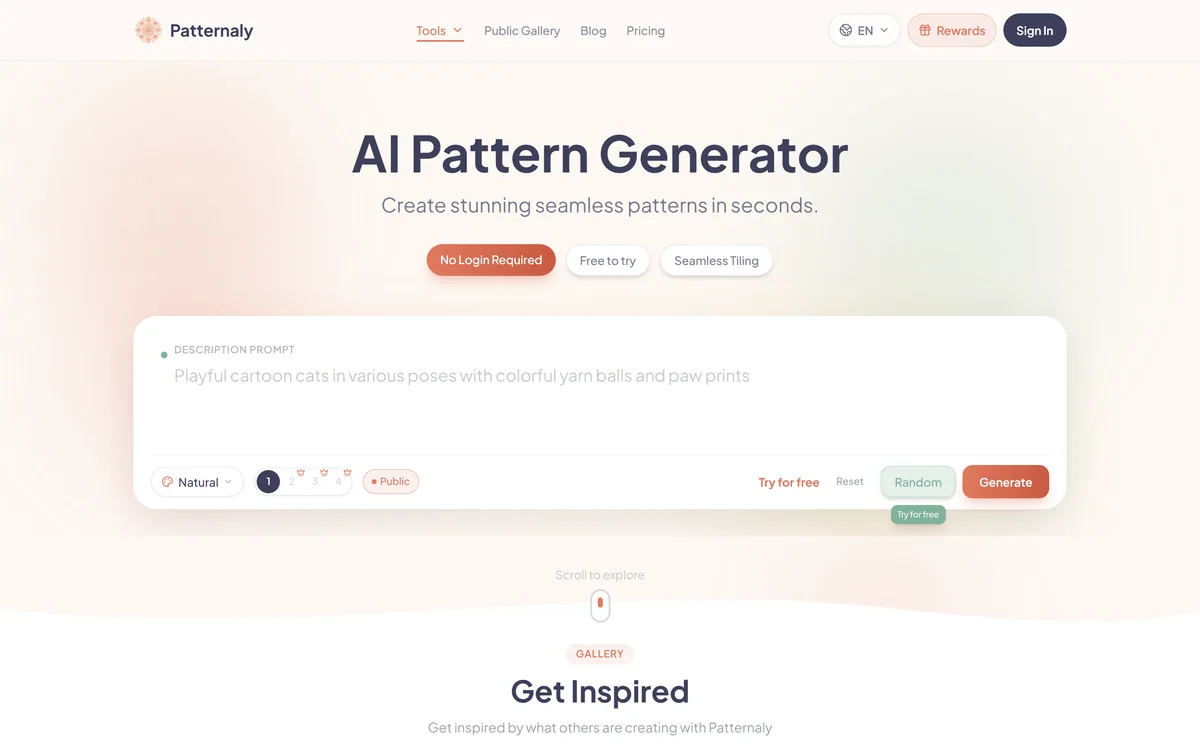 The Patternaly homepage showing an AI seamless pattern generator