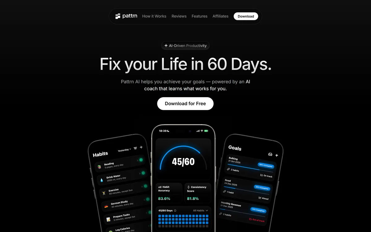 Pattrn homepage showing the 60-day habit challenge with AI coaching and consistency analytics