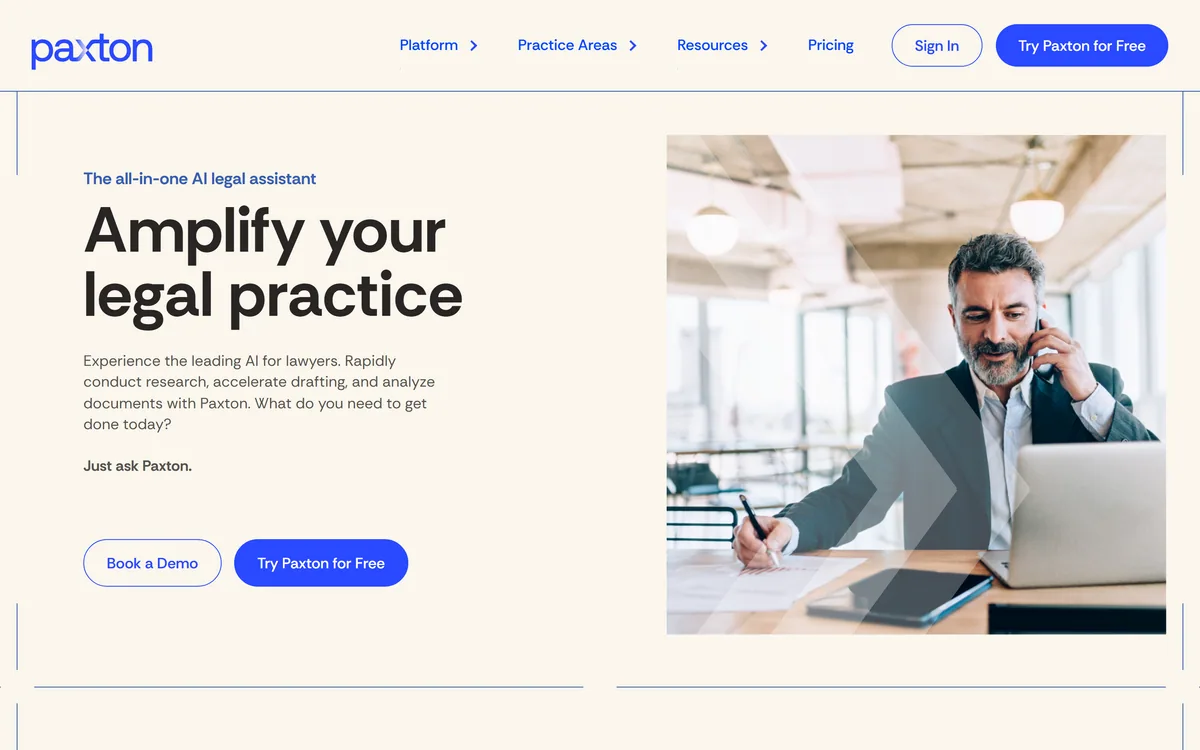 Paxton AI homepage showing the all-in-one AI legal assistant