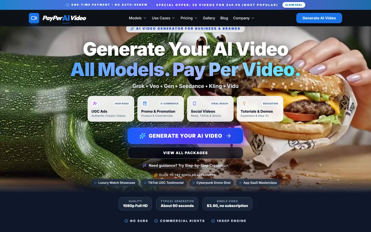 PayPerVideo homepage showing its pay-per-video pitch alongside the six AI video engines it offers