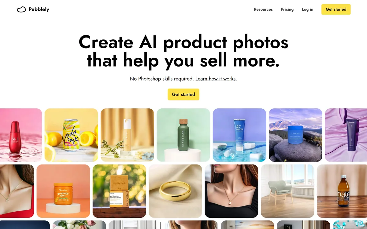 Pebblely homepage showing AI-generated product photography with styled backgrounds and scene templates