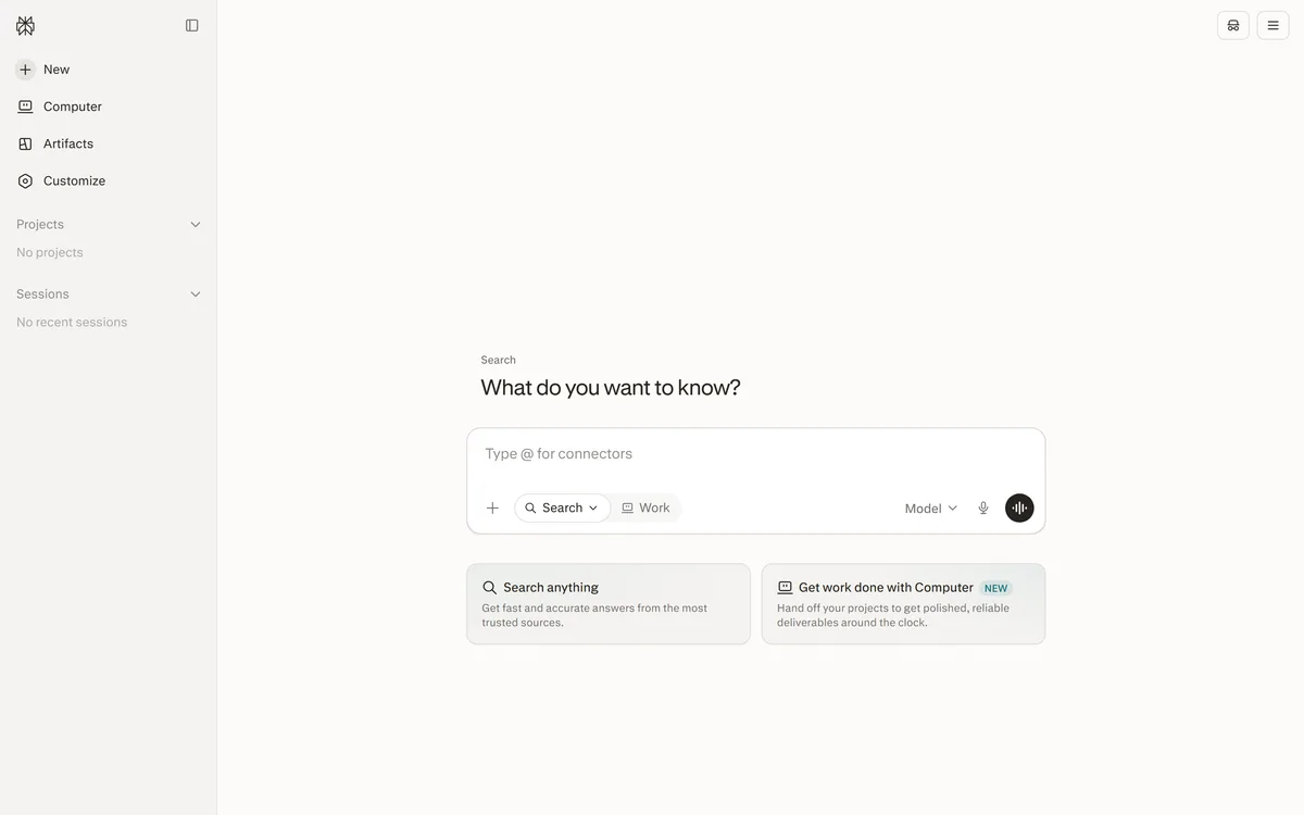 Perplexity AI homepage with its central search box for asking questions and receiving cited answers