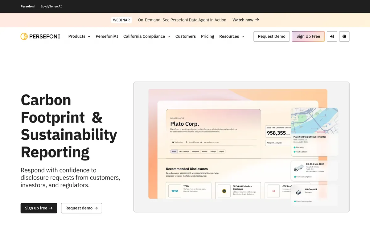 The Persefoni homepage presenting a carbon accounting and sustainability platform