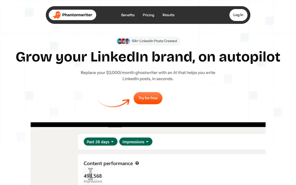 Phantomwriter homepage showing the LinkedIn post generator
