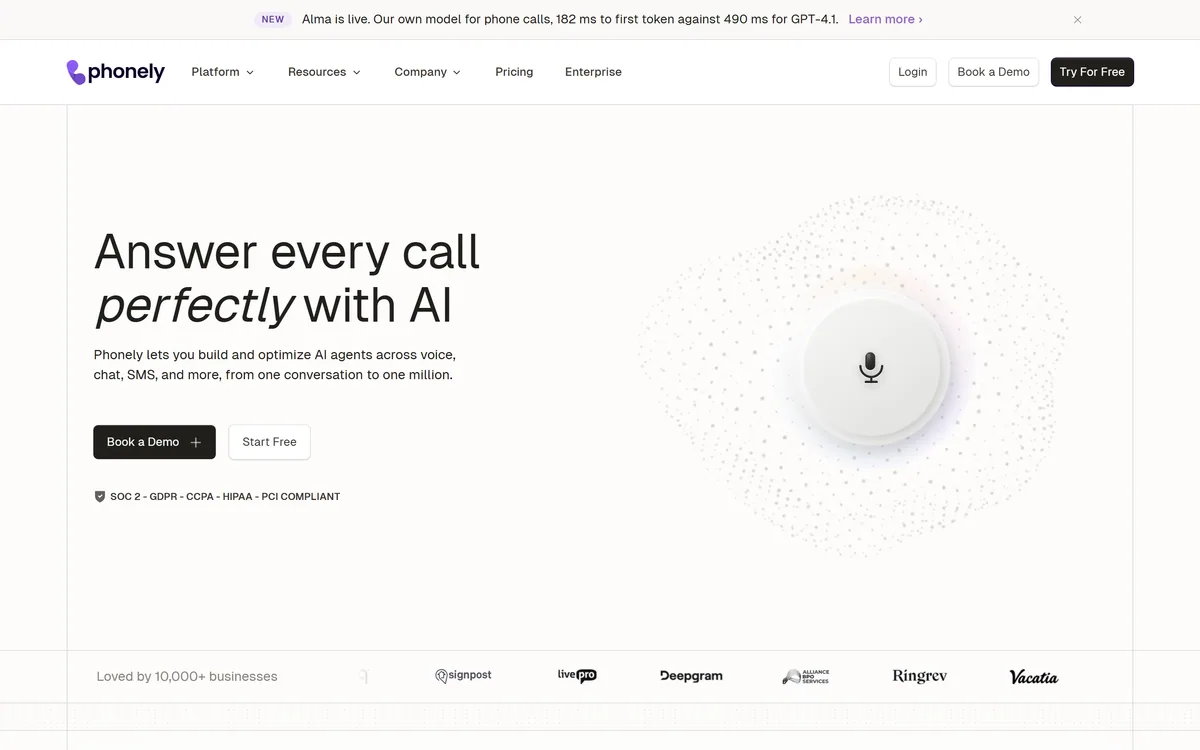 Phonely AI's homepage describing AI agents that handle phone calls at scale