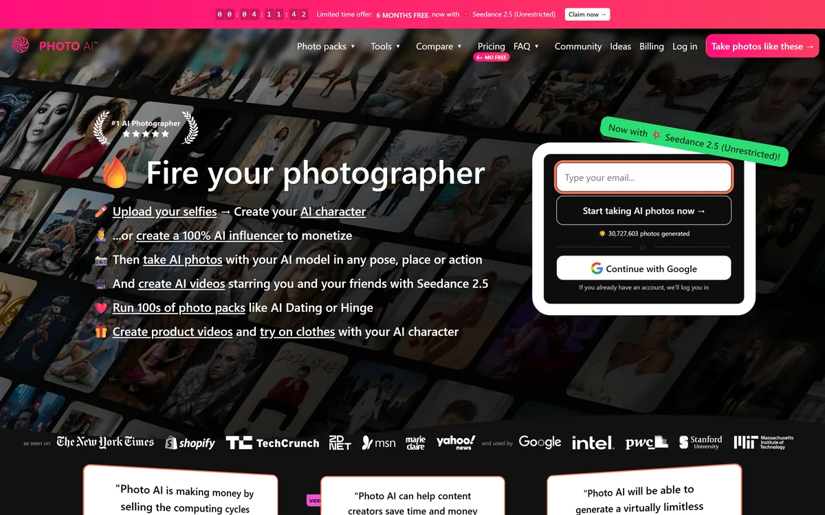 Photo AI homepage showing the AI photo and video generator