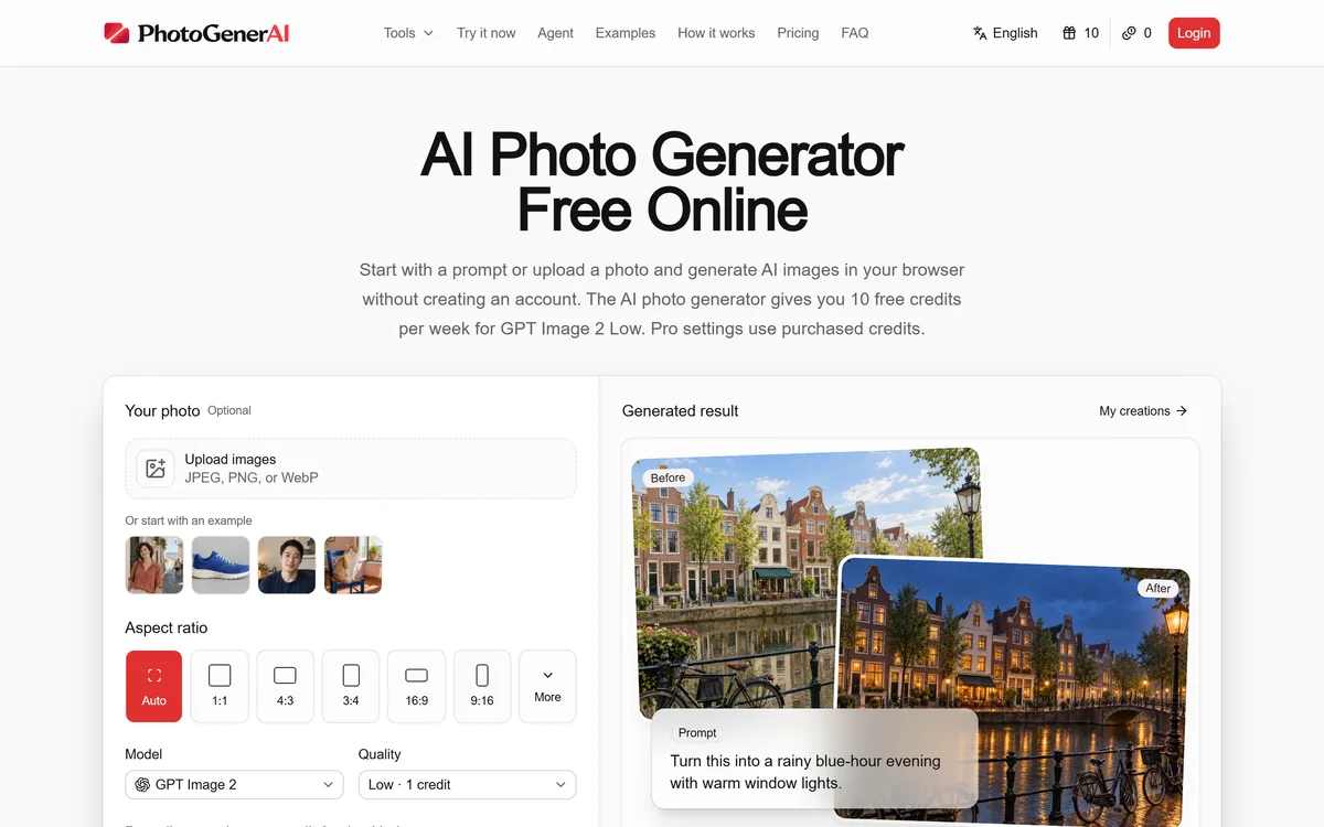 The PhotoGenerAI homepage showing an AI photo generator and editor in the browser