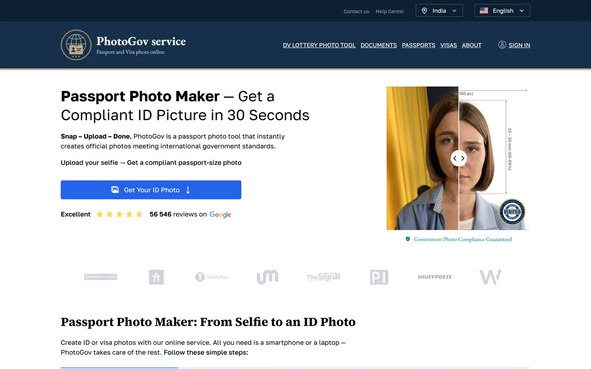 PhotoGov homepage showing the passport photo maker