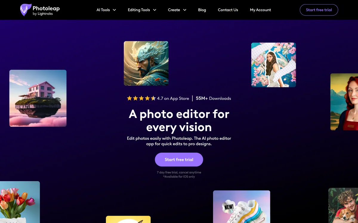 Photoleap homepage showing the AI photo editing app