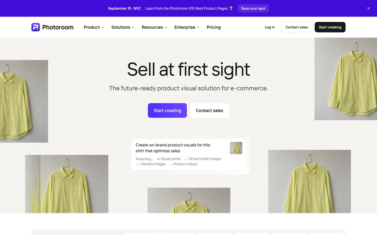 Photoroom homepage showing the ecommerce product visual platform