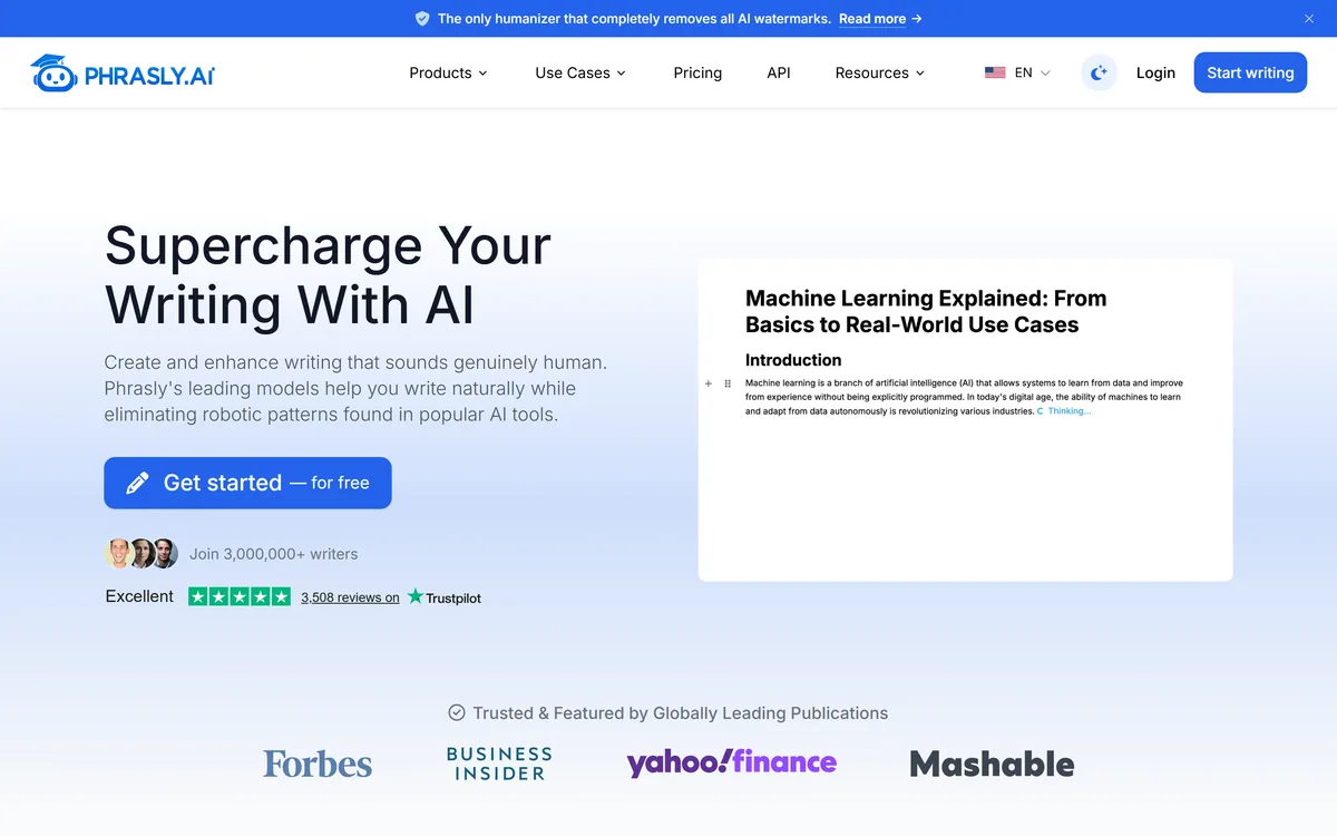 Phrasly homepage showing the AI humanizer and writing platform