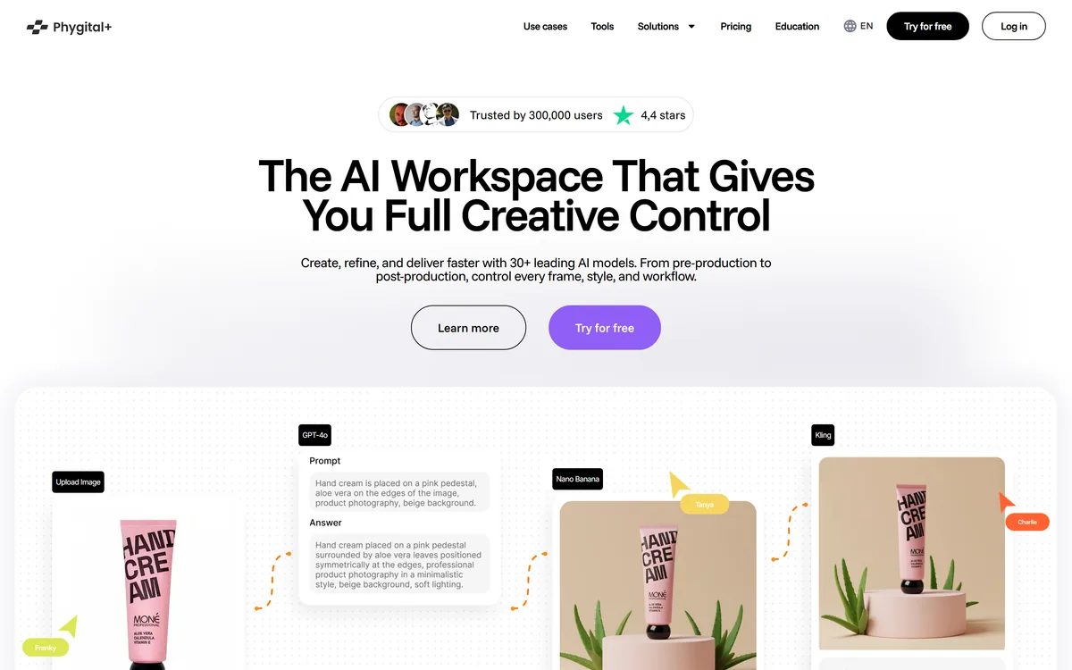 Phygital+ homepage showing its AI workspace with multiple models and node-based creative workflows