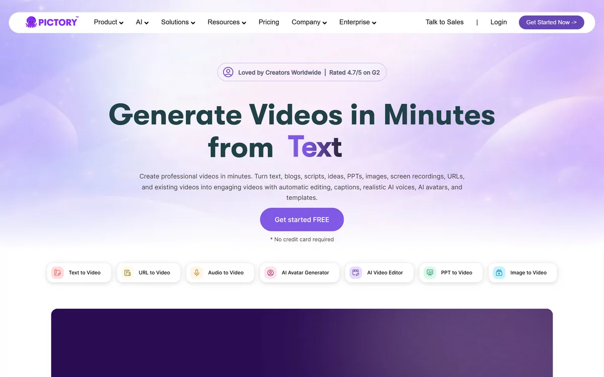 Pictory homepage showing the text-to-video platform and its conversion tools