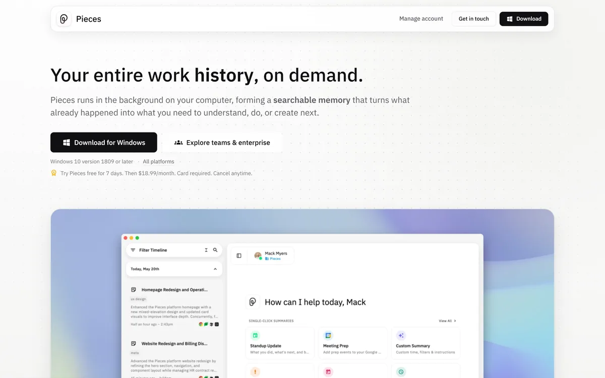 Pieces homepage showing the AI memory layer