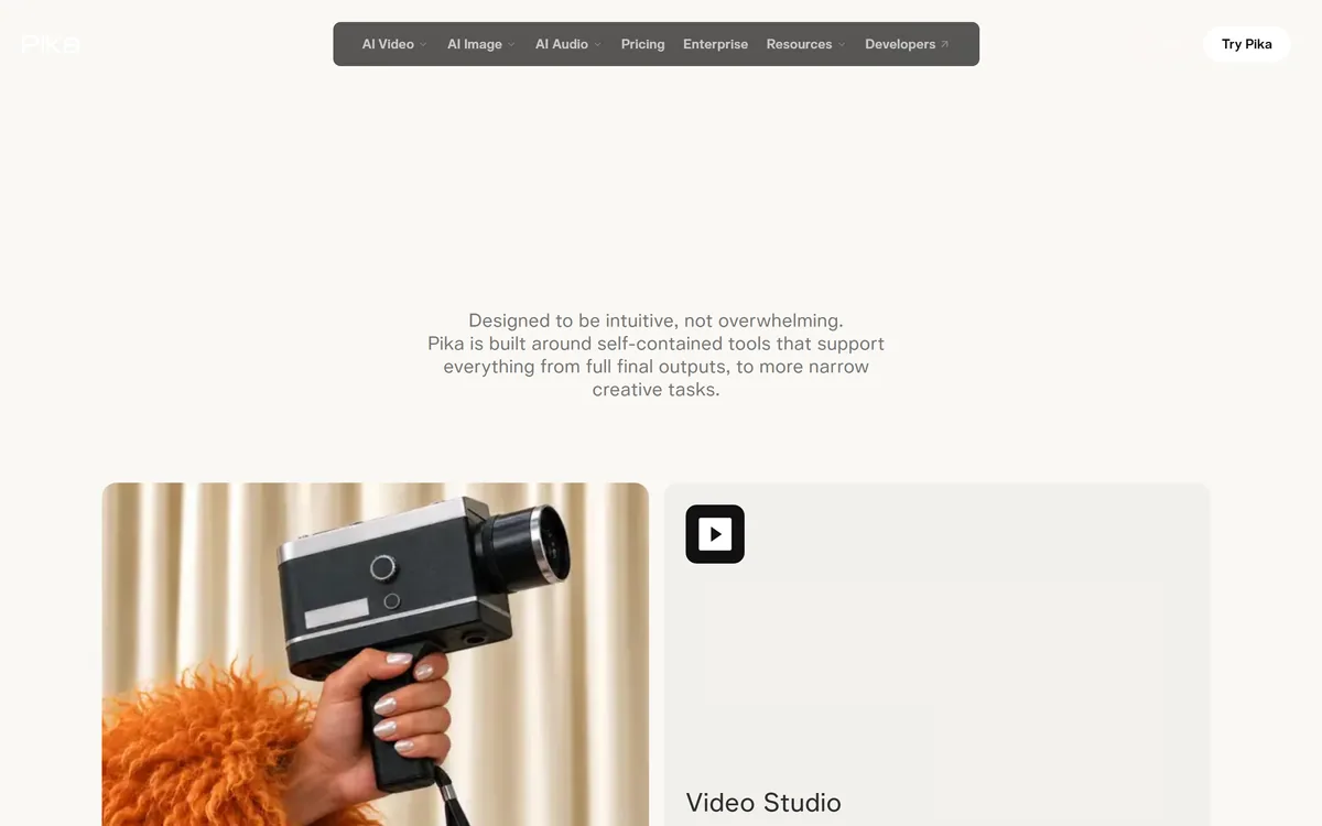 The Pika homepage listing AI video, image and audio models and tools