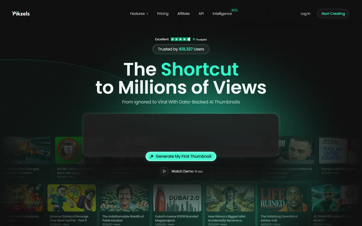 Pikzels homepage showing the AI YouTube thumbnail generator and scoring tool