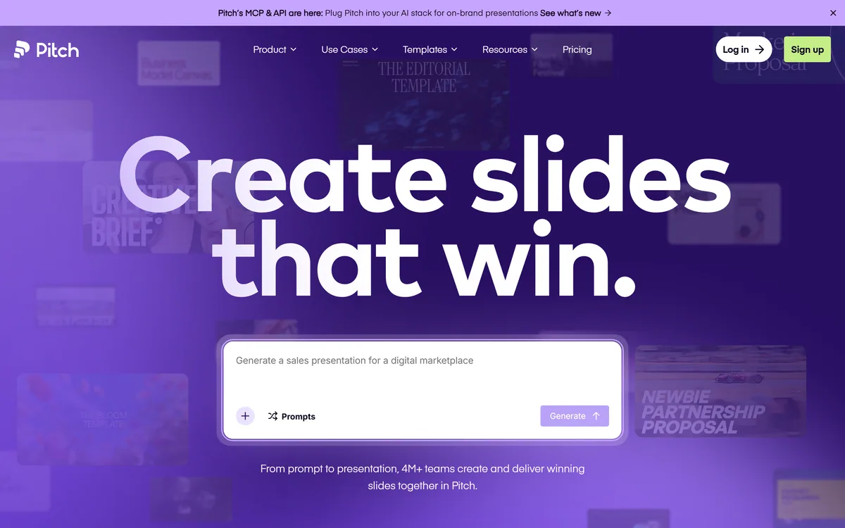 Pitch homepage showing the AI presentation workspace