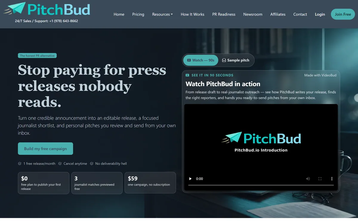 PitchBud homepage showing the press release and journalist outreach platform