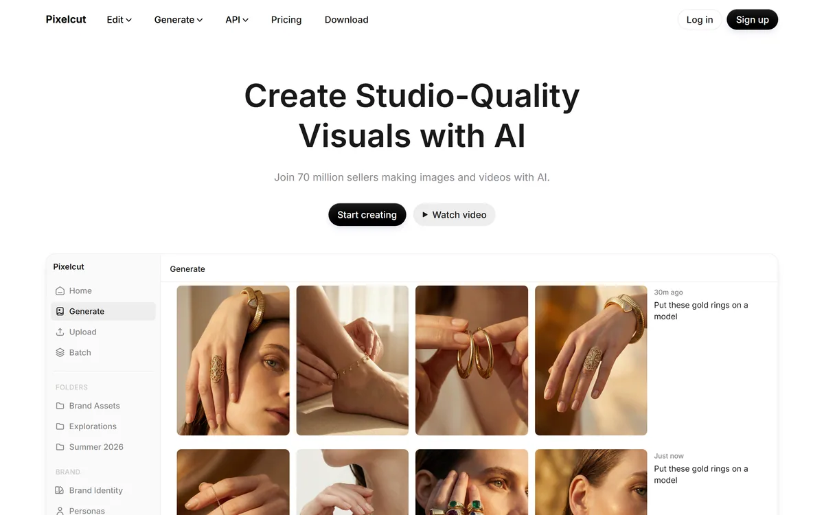 Pixelcut's homepage describing AI tools for creating studio-quality product visuals