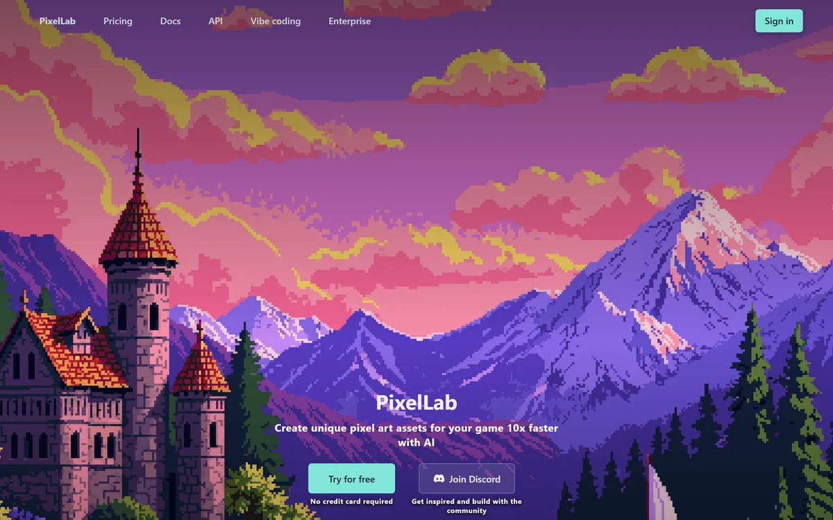 PixelLab homepage showing the pixel art asset generator