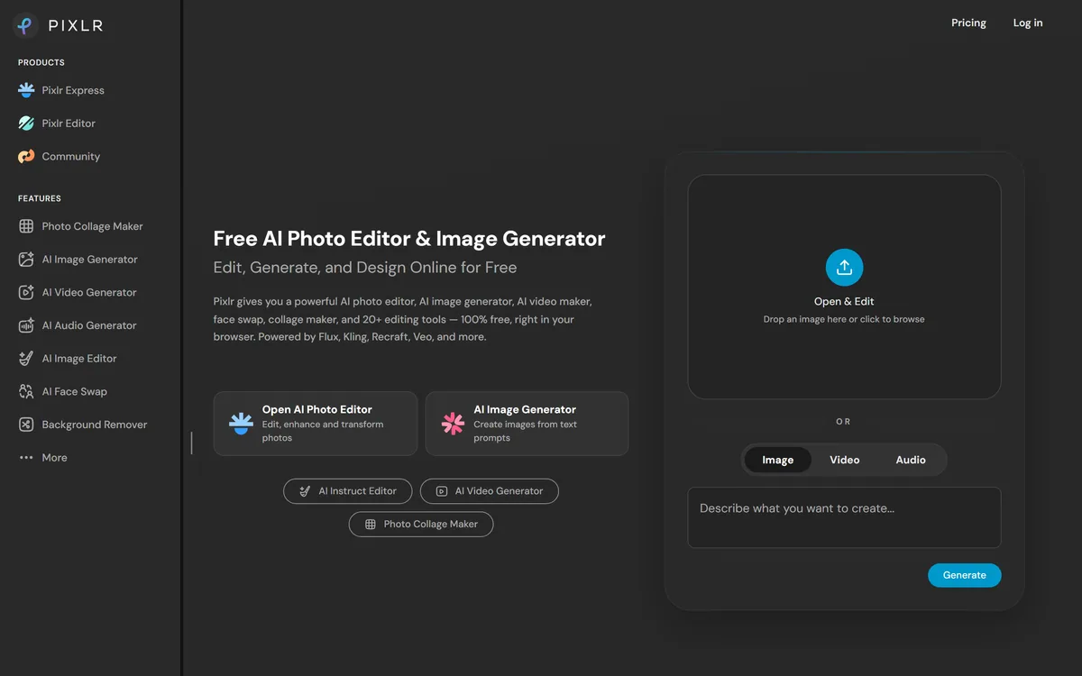 Pixlr's homepage presenting its free online AI photo editor and image generator