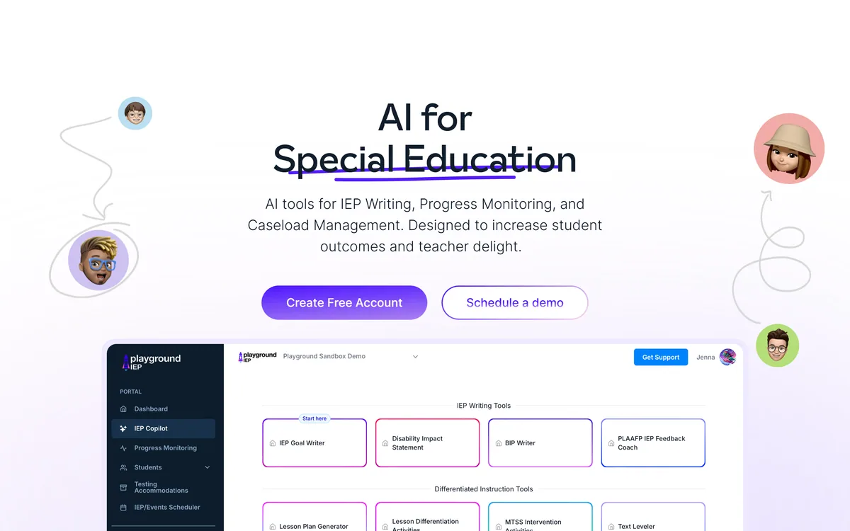 Playground IEP homepage showing special education caseload tools