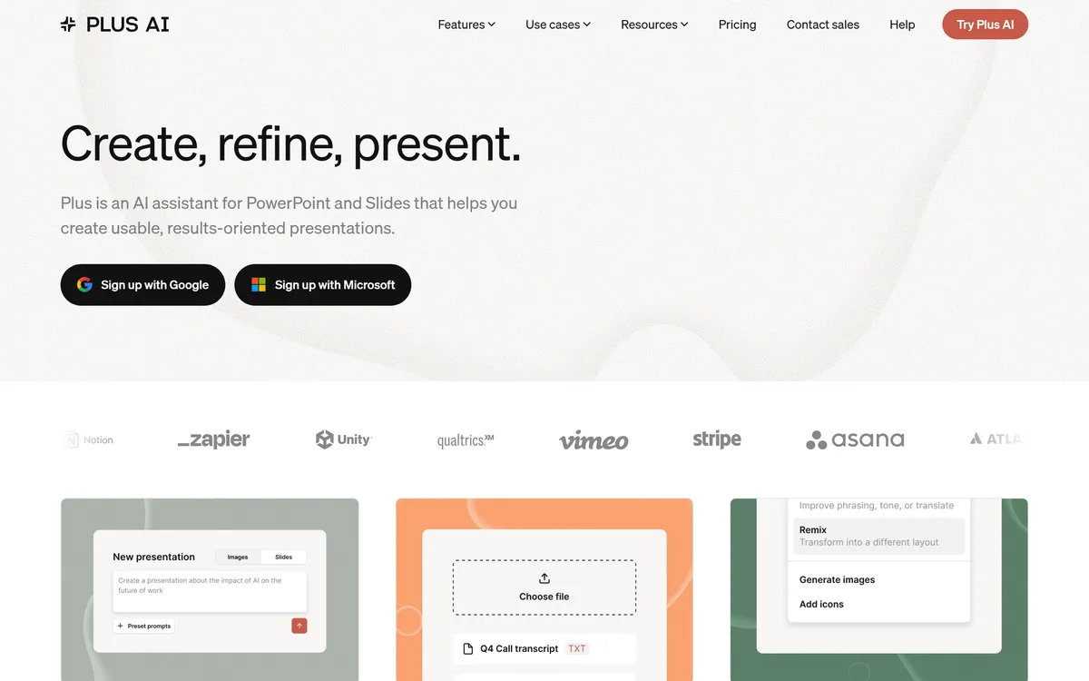 Plus AI homepage showing the AI presentation assistant for Google Slides and PowerPoint