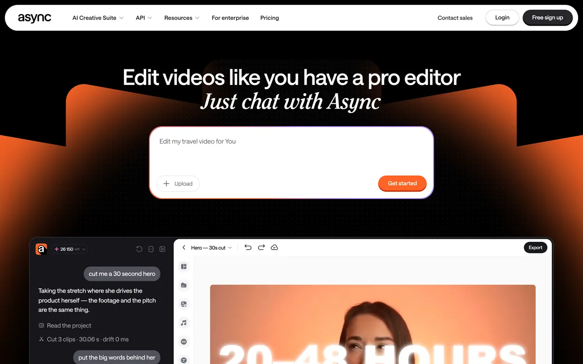 Async homepage showing the chat-based AI video editor formerly known as Podcastle