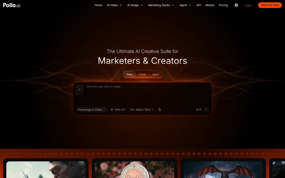Pollo AI homepage showing the AI creative suite and its model selection