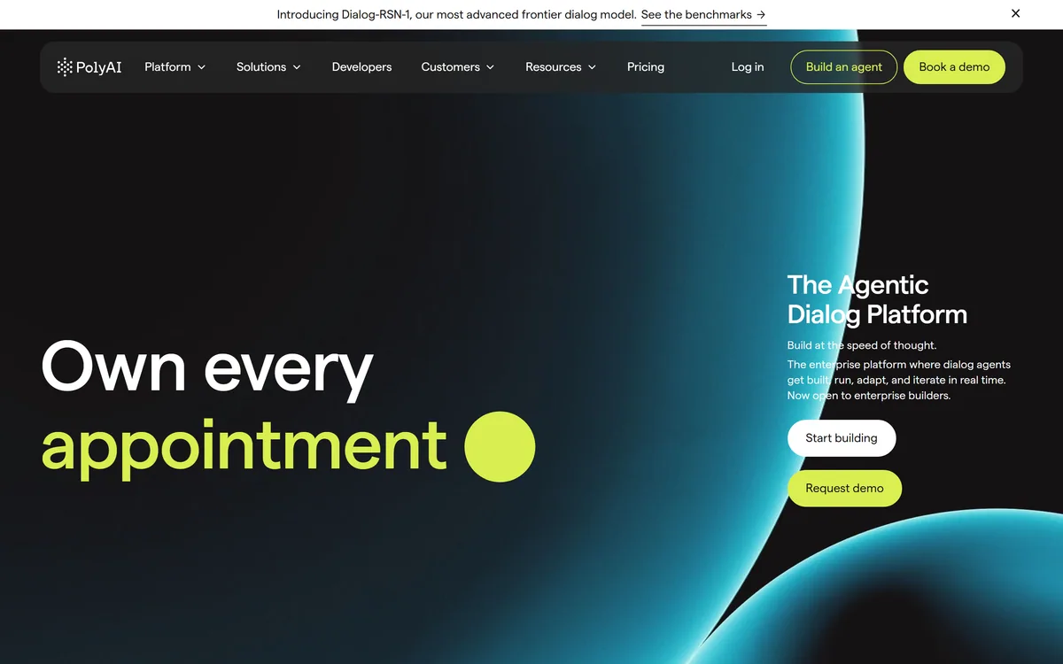 PolyAI homepage showing its enterprise voice AI platform