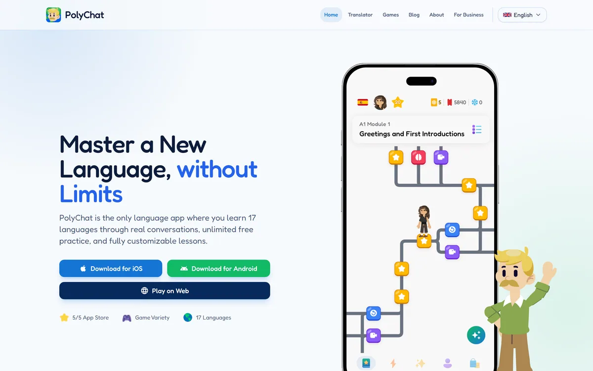 PolyChat homepage showing its multi-language learning app