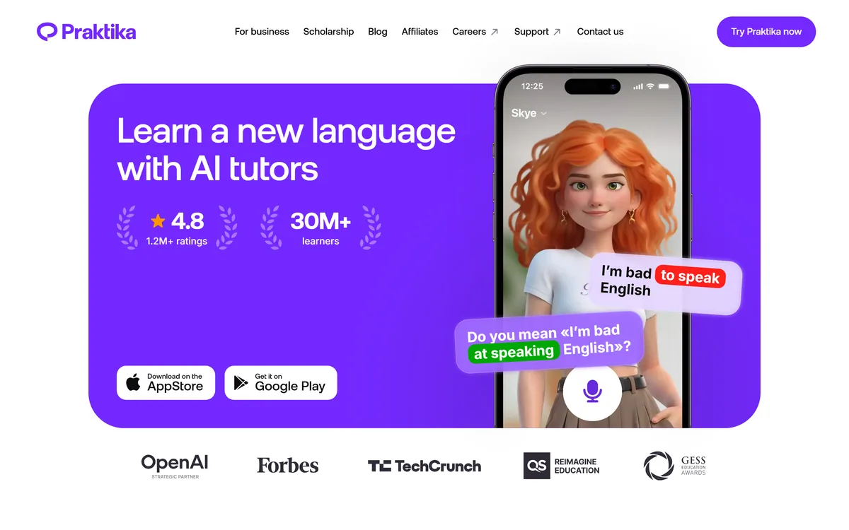 Praktika homepage showing the AI language tutors