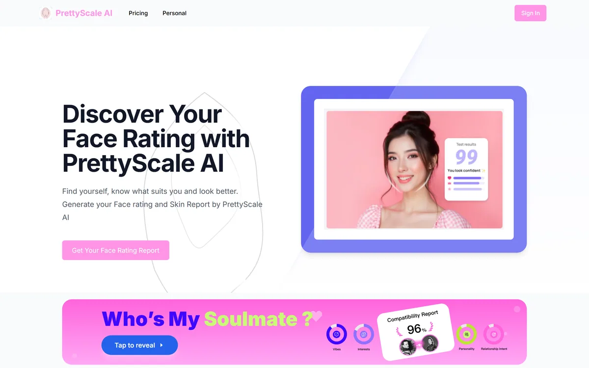 PrettyScale homepage showing its AI face rating tool