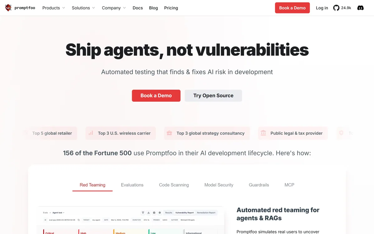 Promptfoo homepage showing the AI security testing platform
