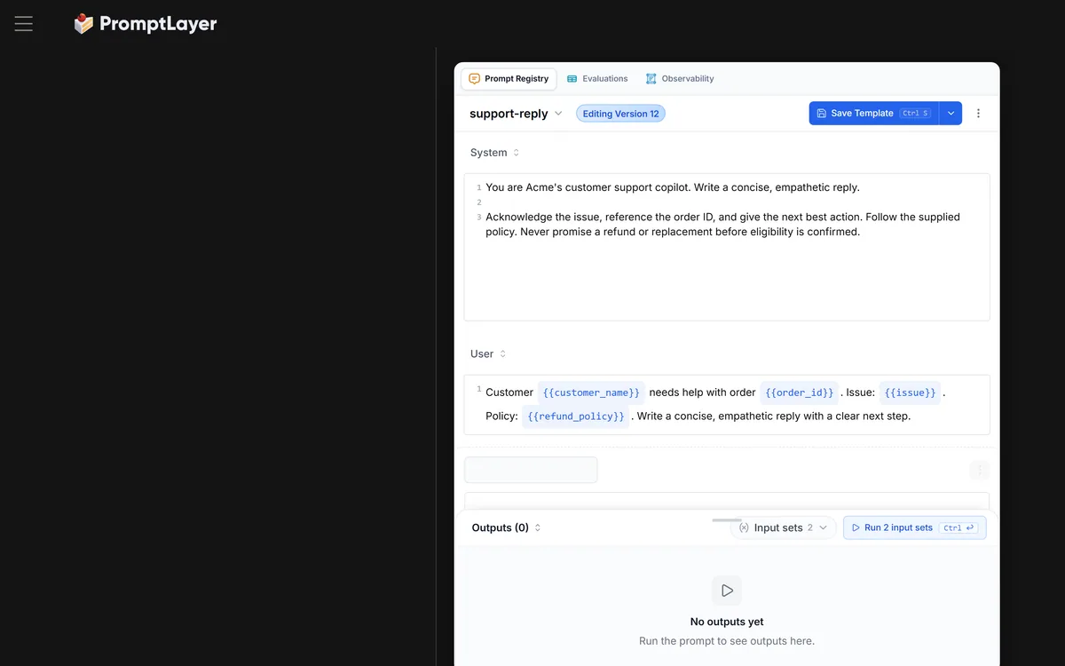 PromptLayer homepage showing prompt management, evals and observability