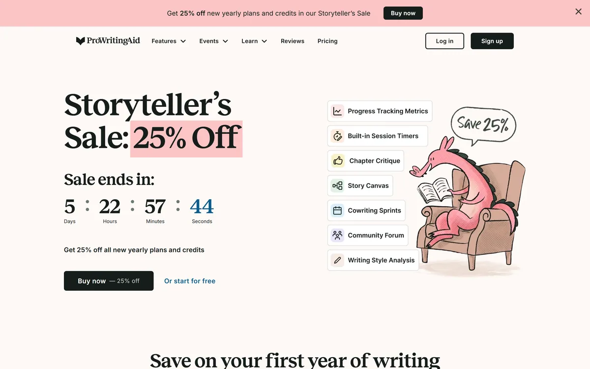 ProWritingAid's homepage describing a writing toolkit for storytellers from planning to publication