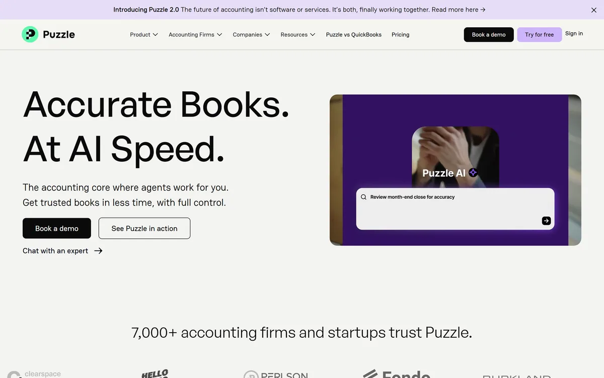 Puzzle homepage showing the AI accounting platform and its close automation