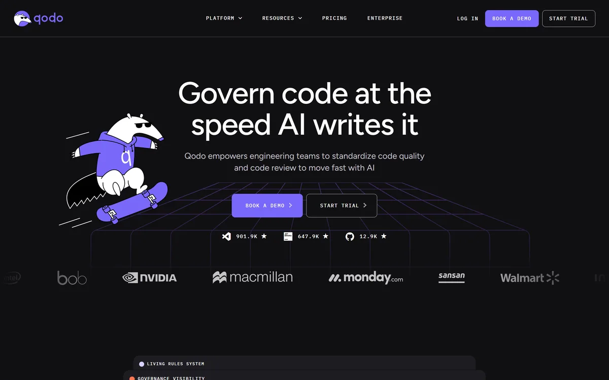 Qodo homepage showing AI code review and governance