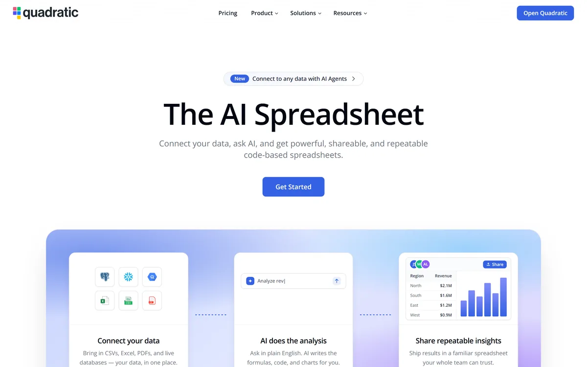 Quadratic homepage showing the AI spreadsheet