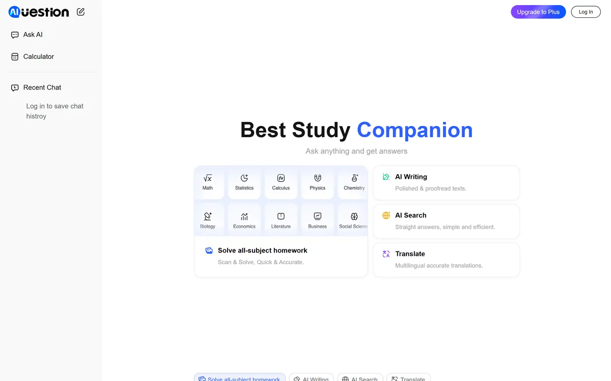 The Question AI homepage presenting an AI homework helper