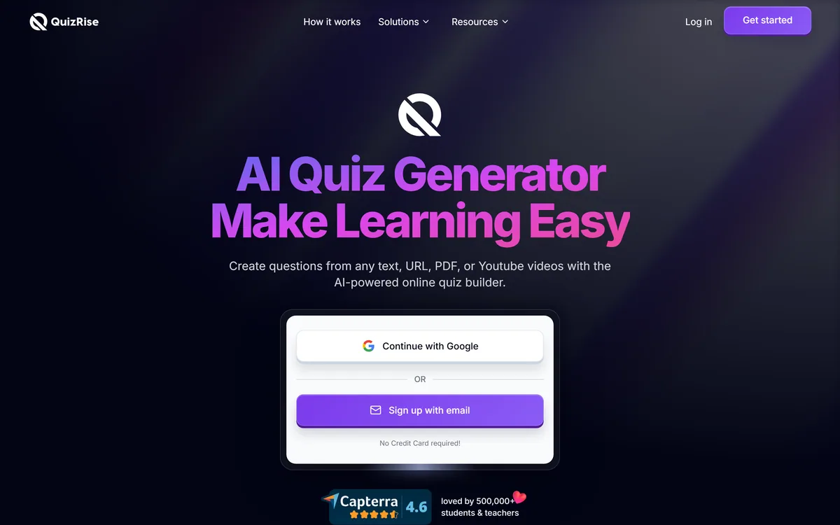 QuizRise's homepage describing AI generation of quizzes, flashcards and summaries from study material