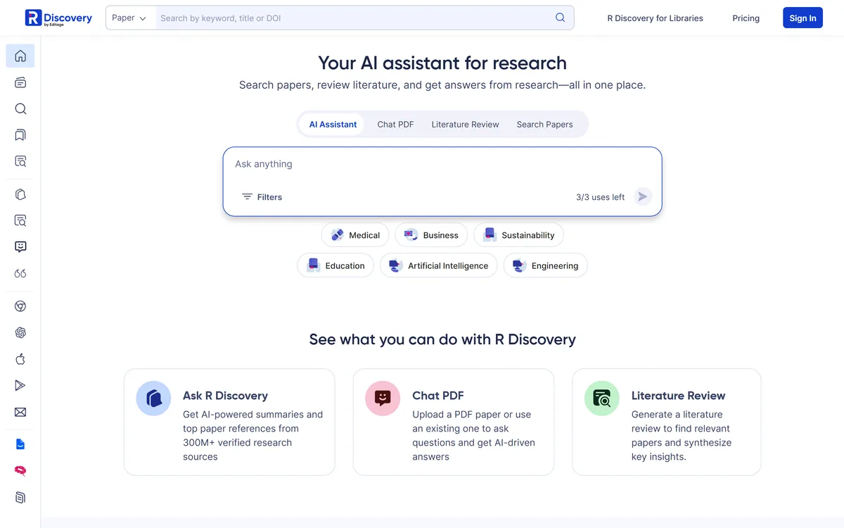 R Discovery homepage showing the AI research assistant