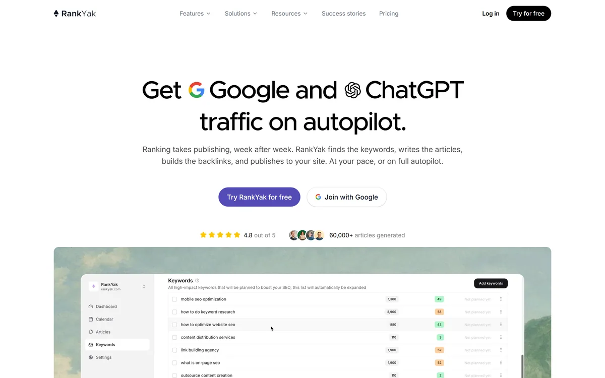 RankYak homepage showing its SEO automation platform