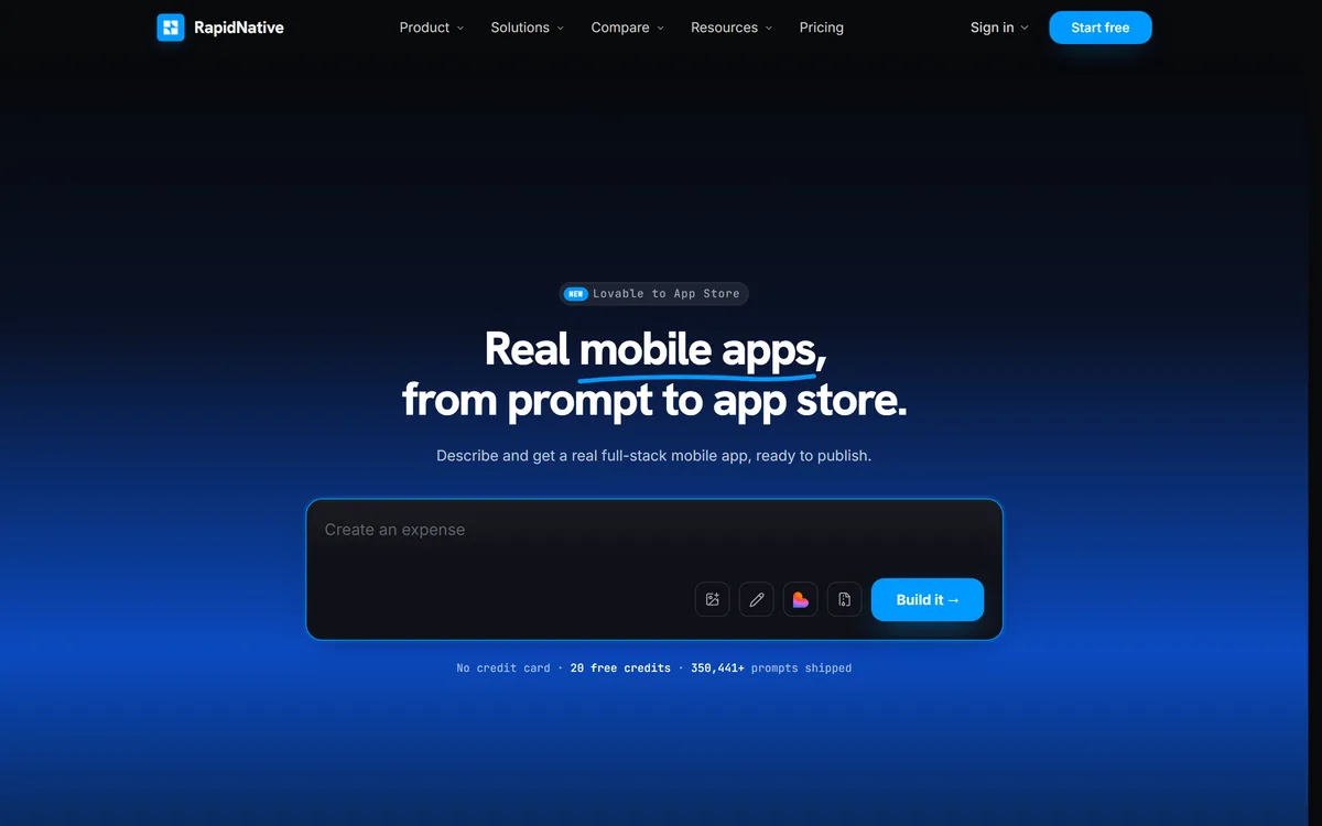 The RapidNative homepage offering real mobile apps from prompt to app store